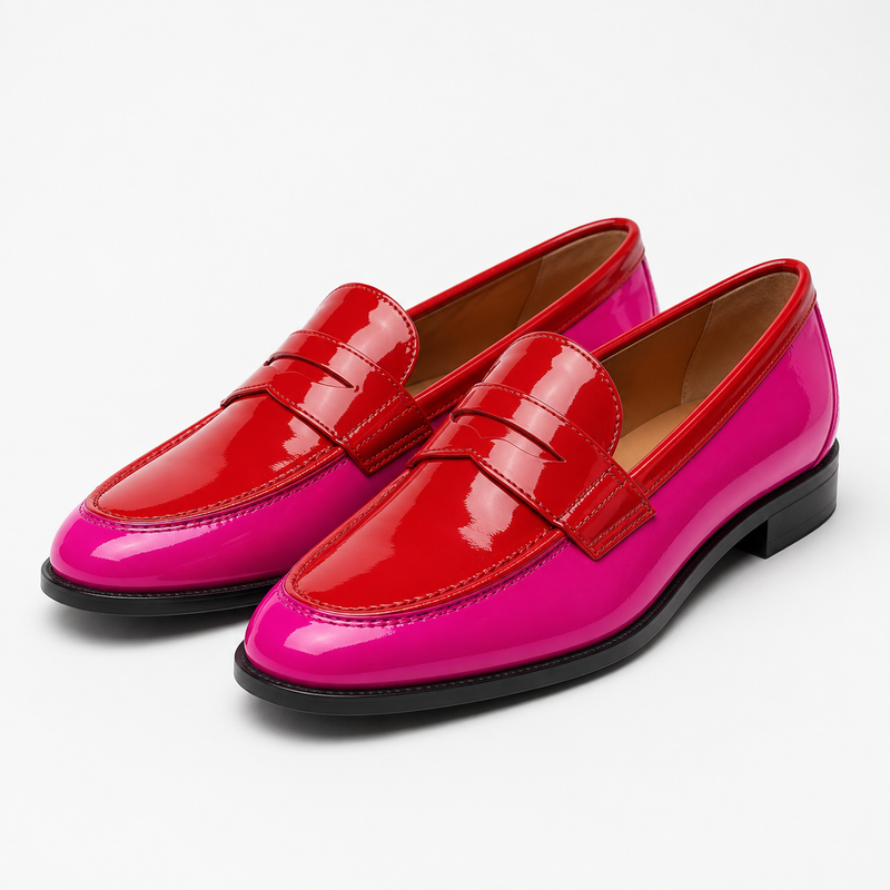 Mocassin femme rose et rouge bicolore - vue face