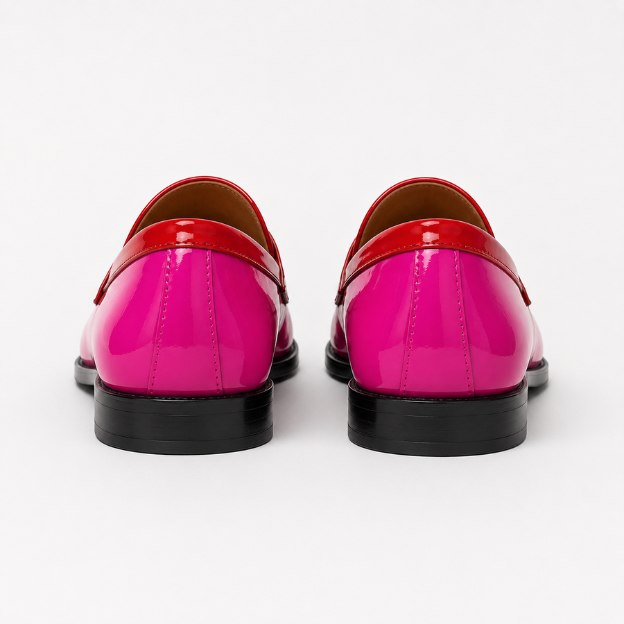 Mocassin femme rose et rouge bicolore - vue d'ensemble posé