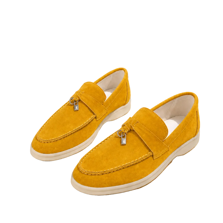Mocassins femme en suède jaune à bout rond avec semelle plateforme