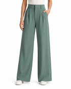 Pantalon Large Femme - Taille Haute Avec Ceinture - Vert