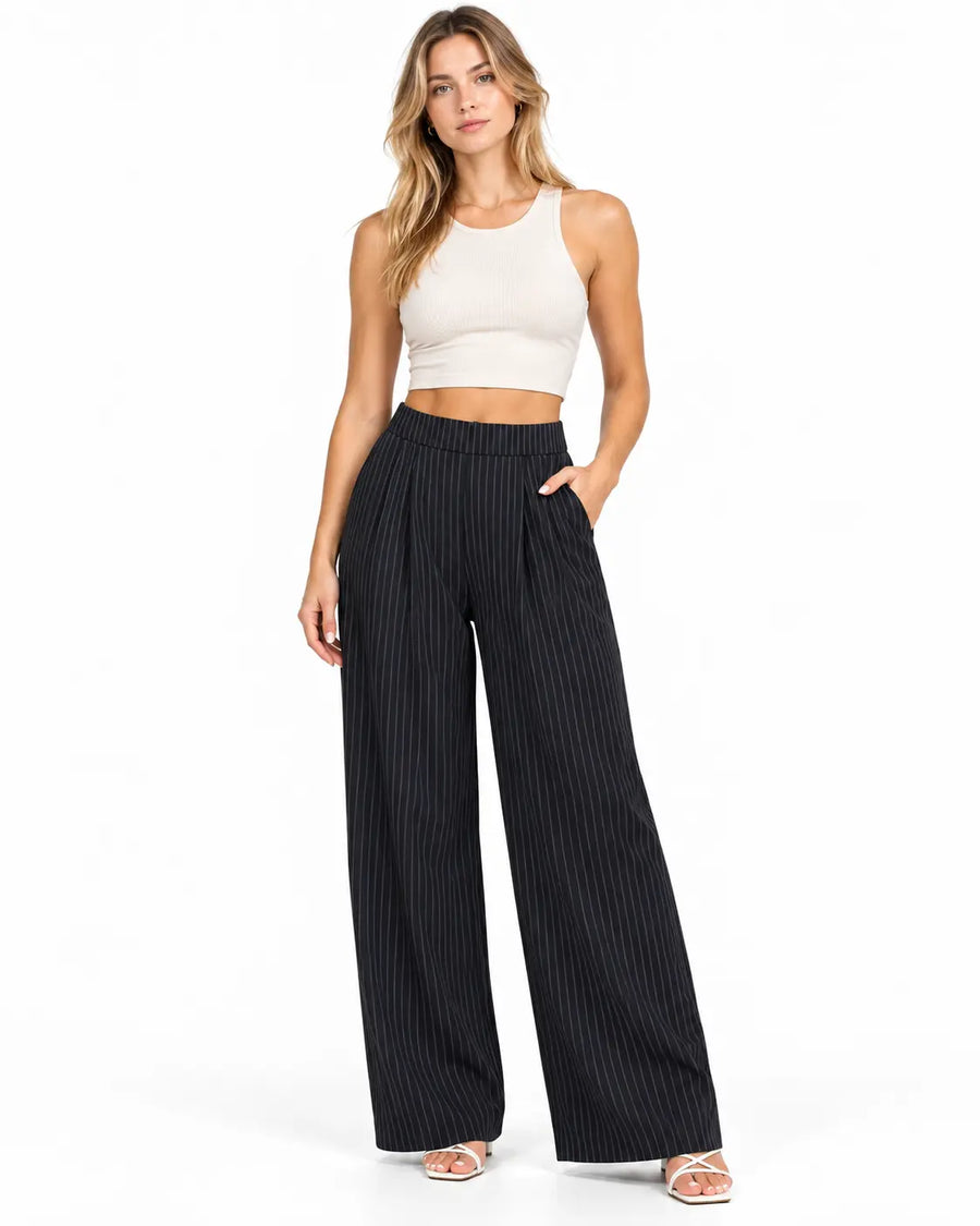 Pantalon Large Femme - Taille Haute Empiècement Croisé Noir porté