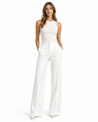 Pantalon Tailleur Femme - Coupe Large Taille Haute Poches Latérales - Blanc