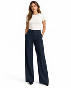 Pantalon Tailleur Femme - Coupe Large Taille Haute Poches Latérales - Bleu