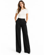 Pantalon Tailleur Femme - Coupe Large Taille Haute Poches Latérales - Noir