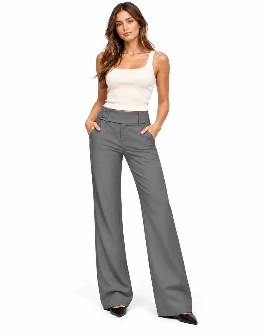 Pantalon Tailleur Femme - Évasé Taille Basse Ceinture Large Gris porté