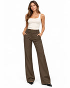 Pantalon Tailleur Femme - Évasé Taille Basse Ceinture Large - Marron