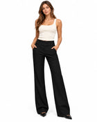 Pantalon Tailleur Femme - Évasé Taille Basse Ceinture Large - Noir