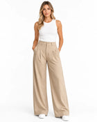 Pantalon Tailleur Femme - Jambe Large Taille Haute à Pinces - Beige