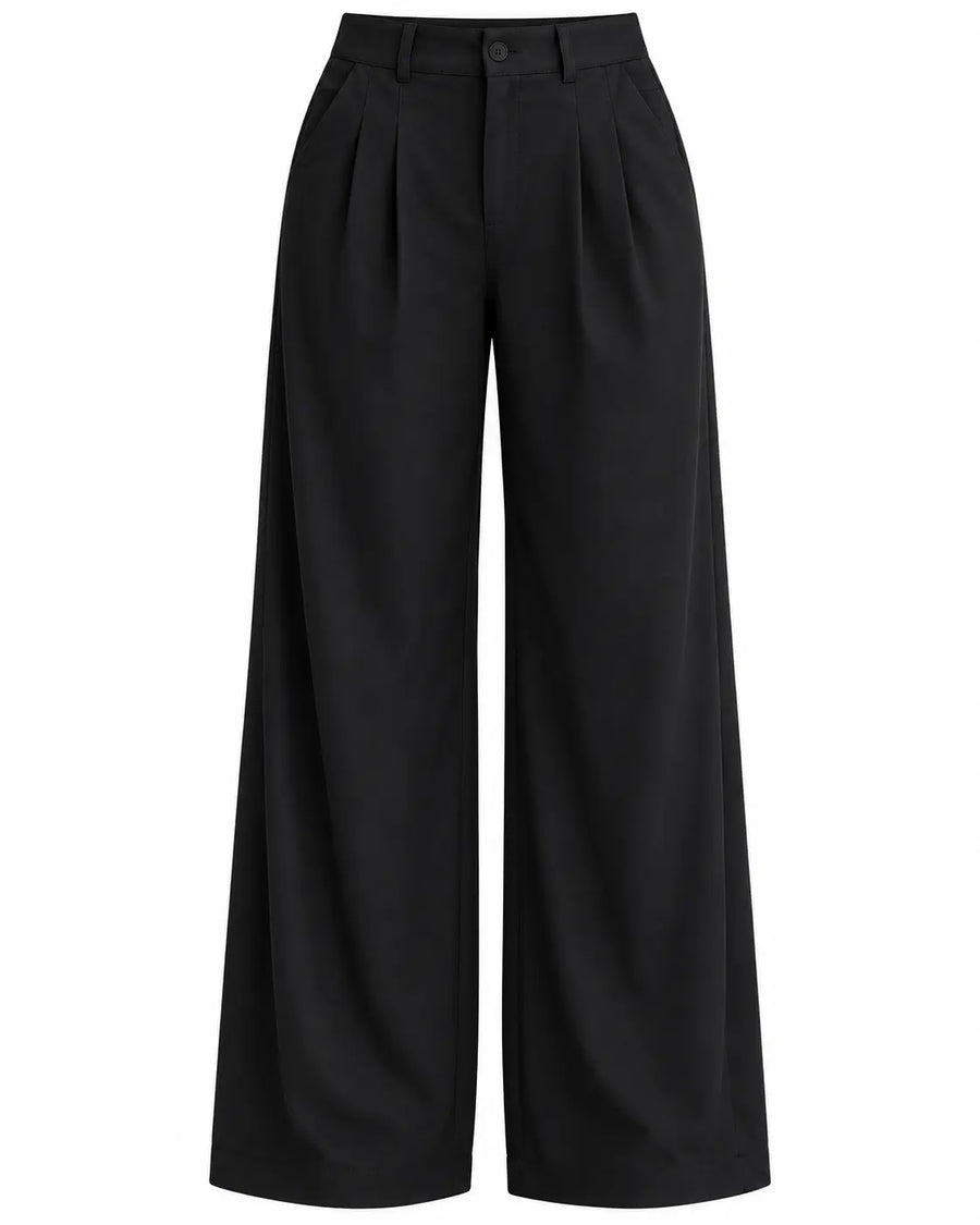Pantalon Tailleur Femme - Jambe Large Taille Haute à Pinces Noir
