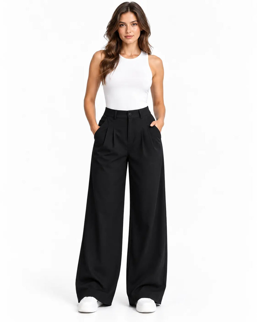 Pantalon Tailleur Femme - Jambe Large Taille Haute à Pinces Noir porté