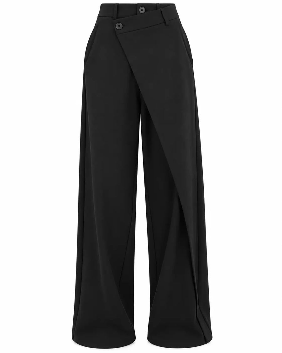 Pantalon Tailleur Femme - Taille Haute Ceinture Asymétrique Gris foncé