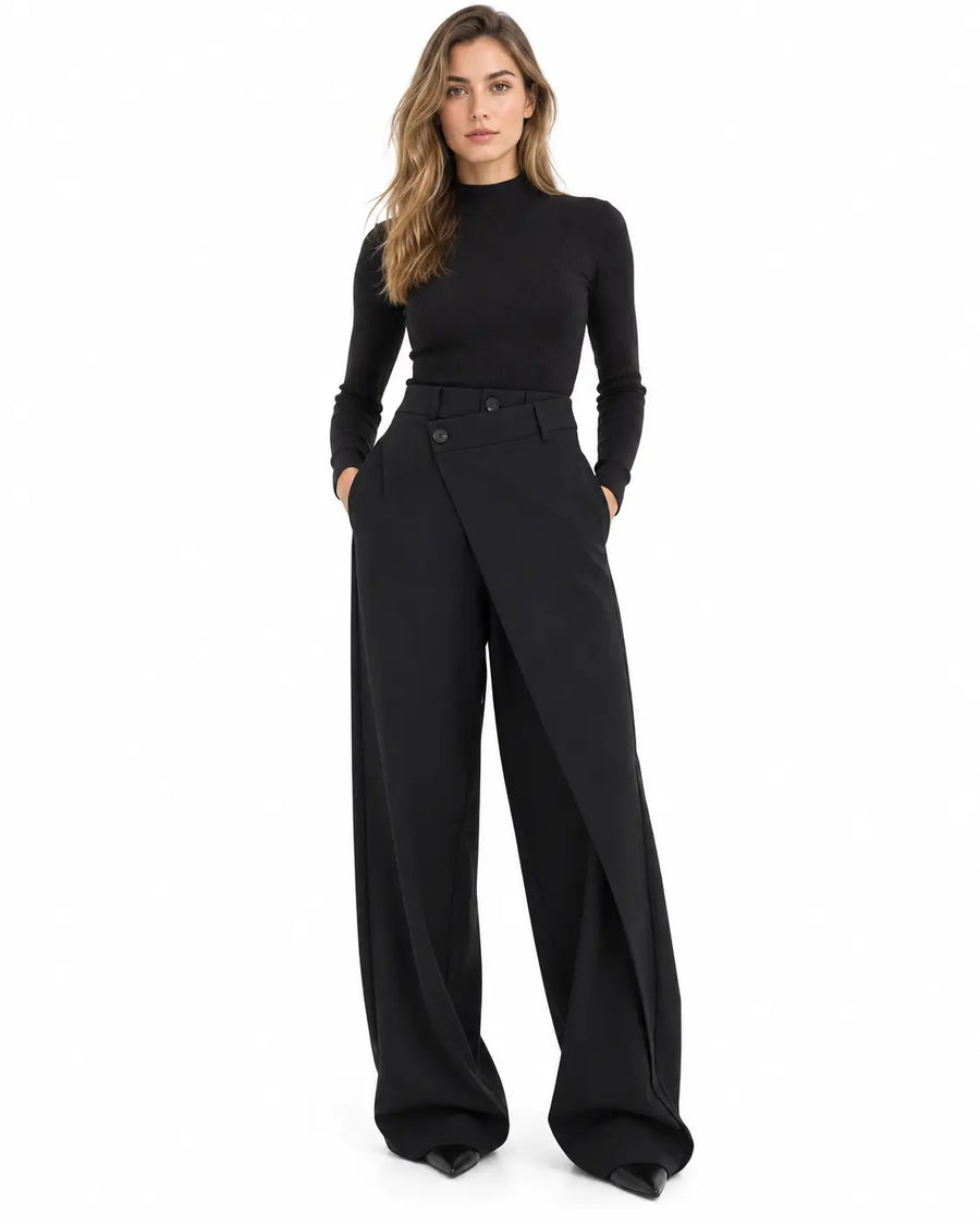 Pantalon Tailleur Femme - Taille Haute Ceinture Asymétrique Gris foncé porté