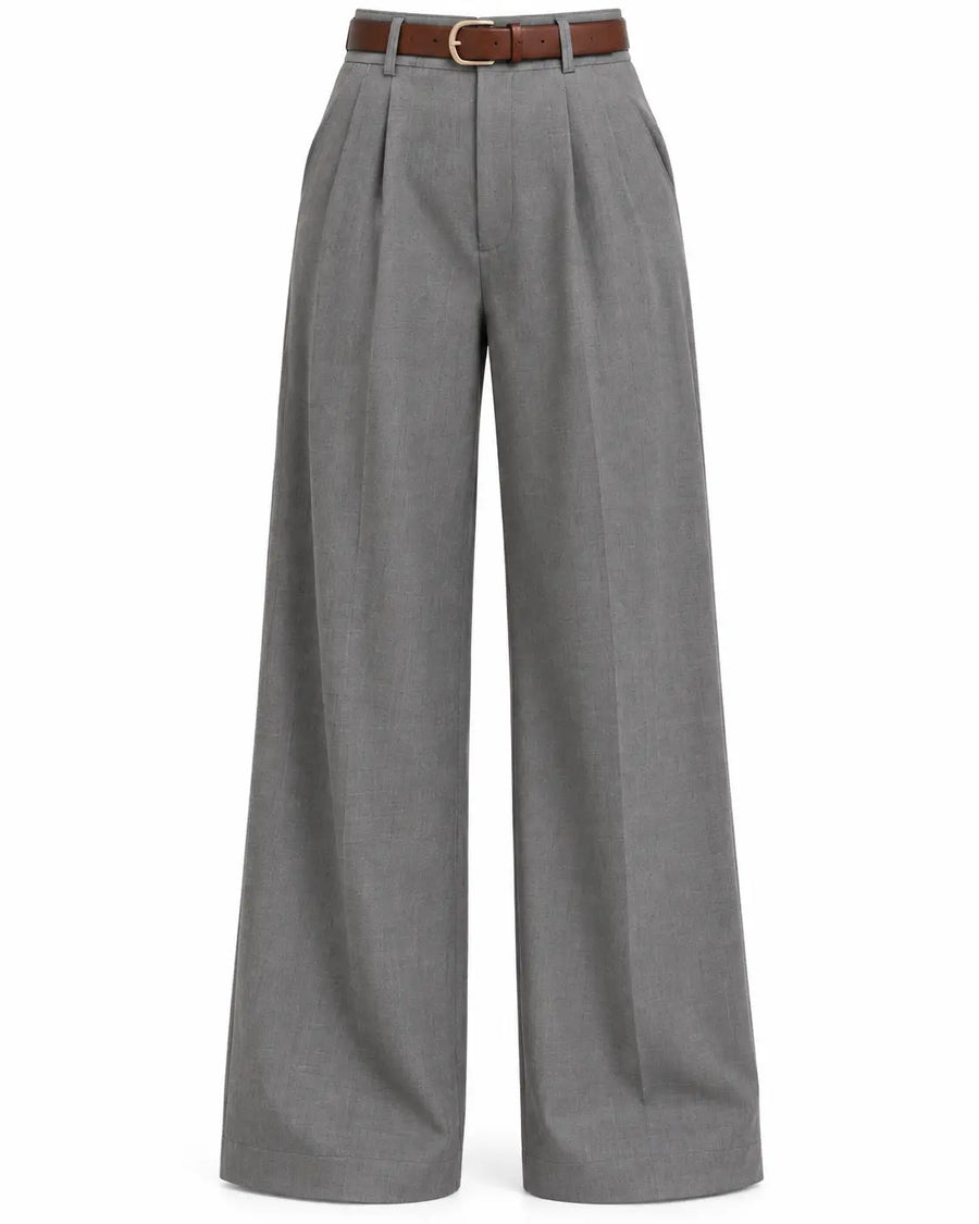 Pantalon Tailleur Femme - Taille Haute Coupe Large à Plis Avant Gris