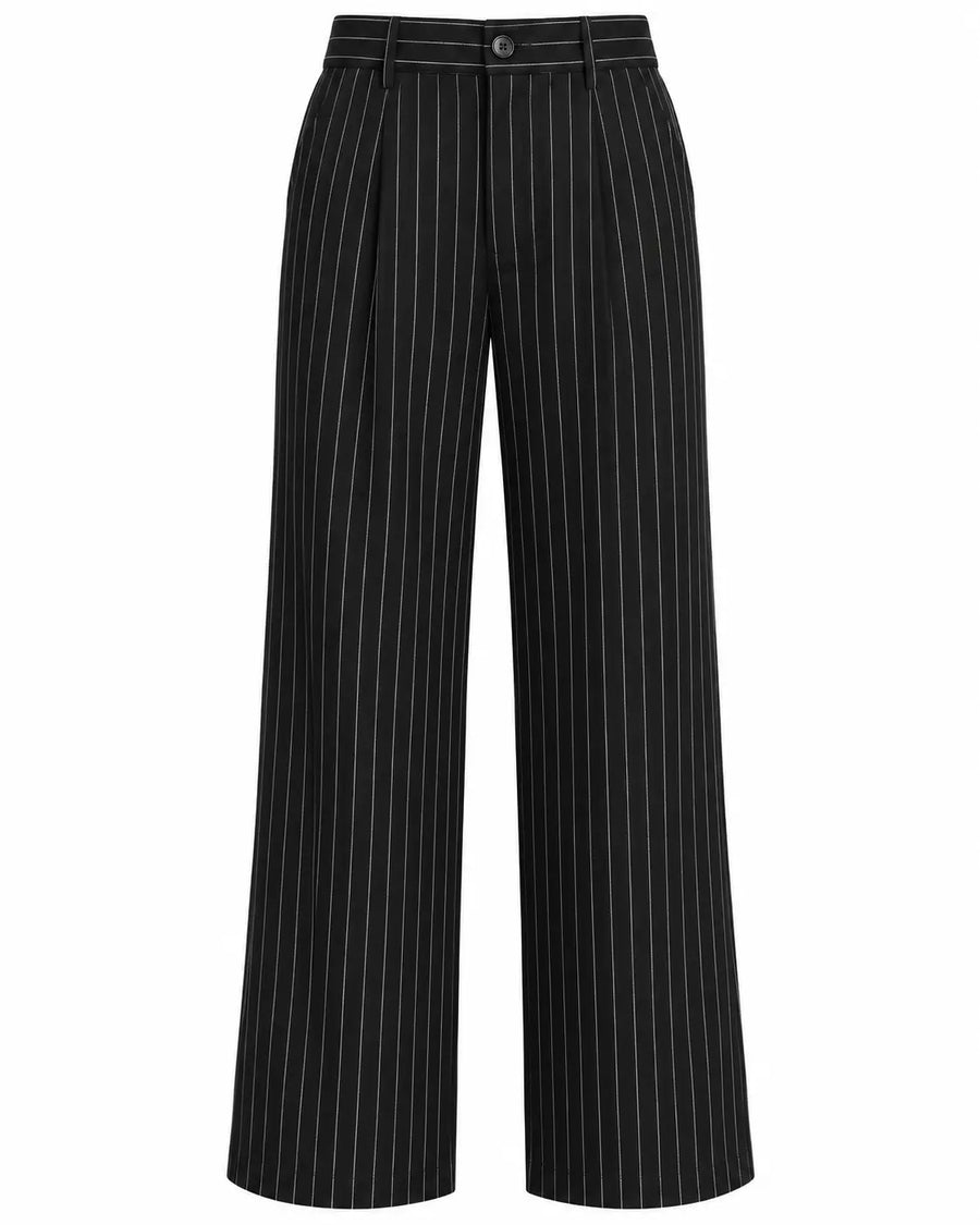 Pantalon Tailleur Femme - Taille Haute Coupe Large à Rayures Noir