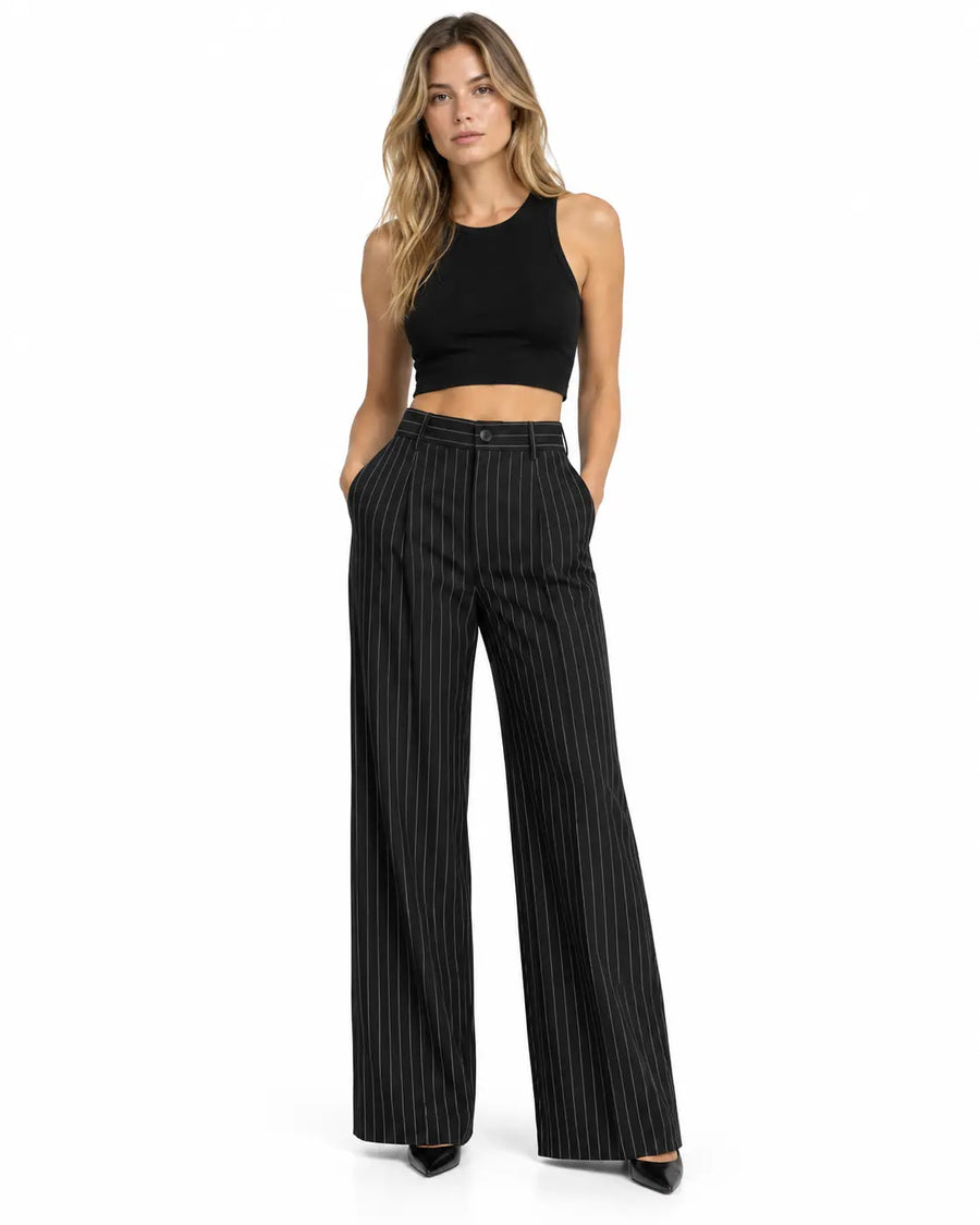 Pantalon Tailleur Femme - Taille Haute Coupe Large à Rayures Noir porté