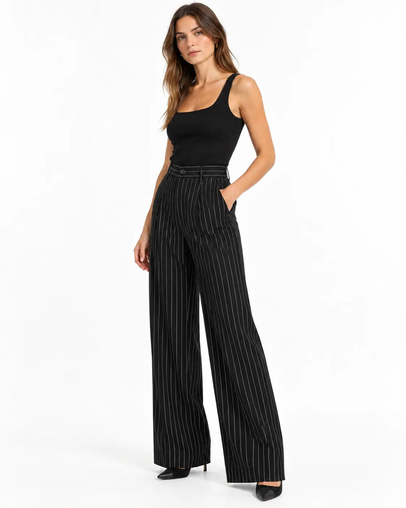 Pantalon Tailleur Femme - Taille Haute Coupe Large à Rayures Noir porté