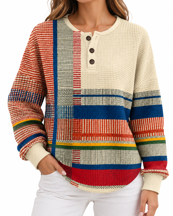 Pull Femme Col Rond Boutonné Maille Gaufrée