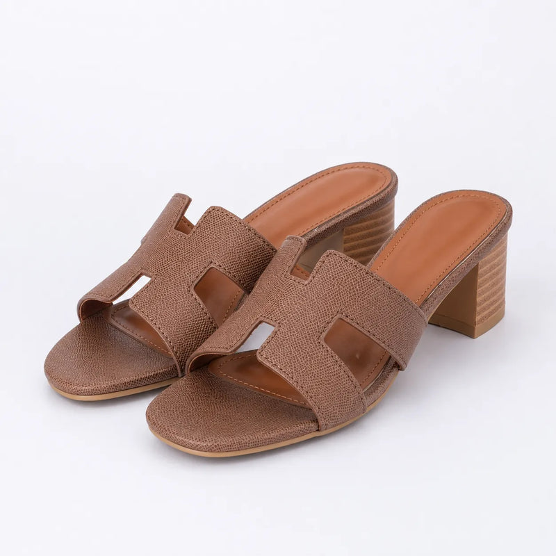 Sandales mules femme marron talon bloc découpe H tendance - vue face
