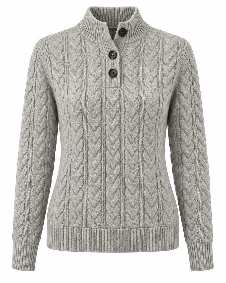 Pull Femme Boutonné Maille Torsadée Gris
