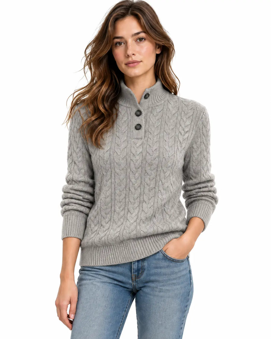 Pull Femme Boutonné Maille Torsadée Gris porté