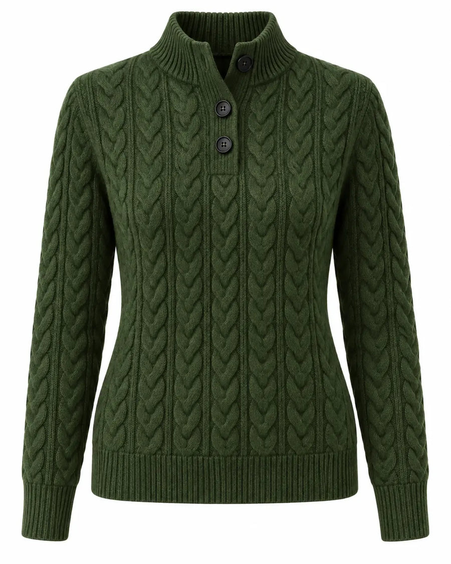 Pull Femme Boutonné Maille Torsadée Olive