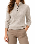 Pull Femme Col Boutonné Maille Torsadée Laine Mélangée - Gris