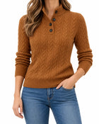 Pull Femme Col Boutonné Maille Torsadée Laine Mélangée - Marron