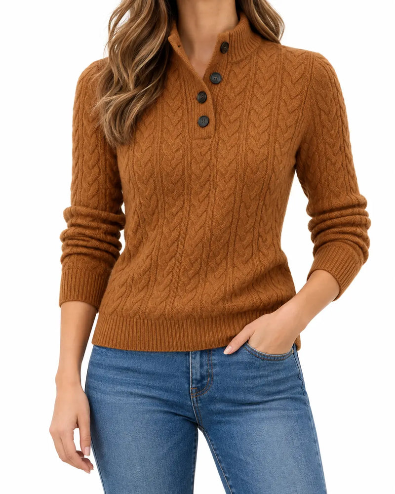 Pull Femme Col Boutonné Maille Torsadée Laine Mélangée Marron porté