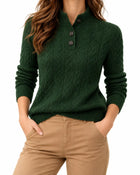 Pull Femme Col Boutonné Maille Torsadée Laine Mélangée - Vert