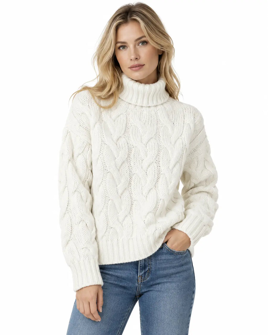 Pull Femme Col Montant Torsadé Manches Longues Blanc porté