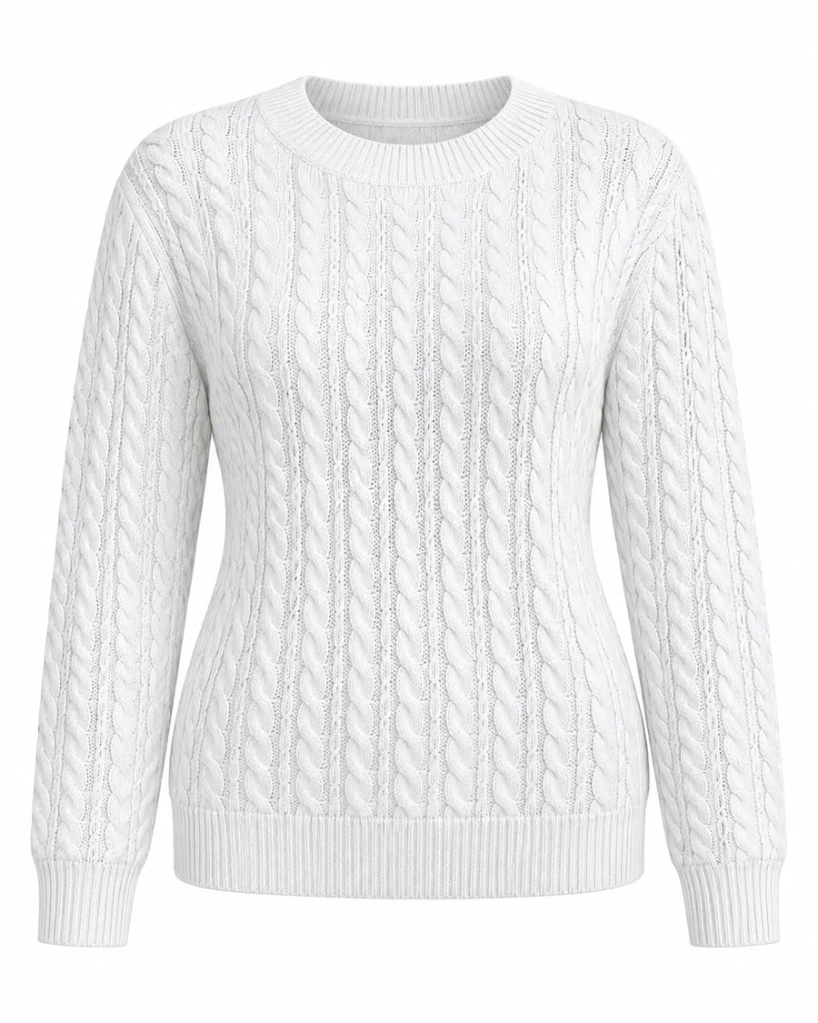 Pull Femme Col Rond Maille Torsadée Blanc