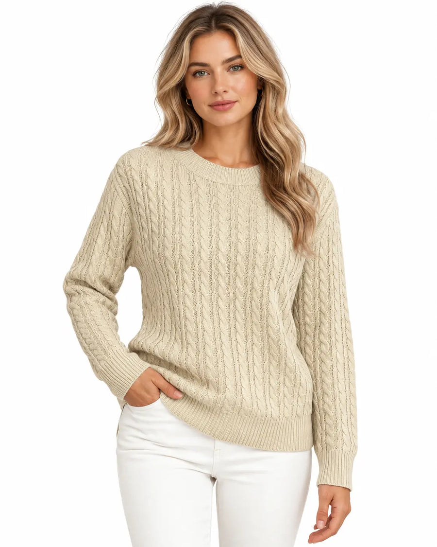Pull Femme Col Rond Maille Torsadée Blanc porté