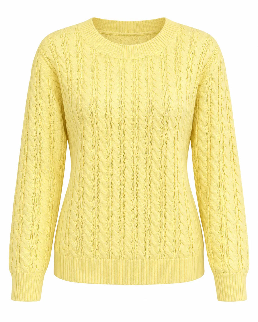 Pull Femme Col Rond Maille Torsadée Jaune