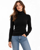 Pull Femme Col Roulé Côtelé Léger - Noir
