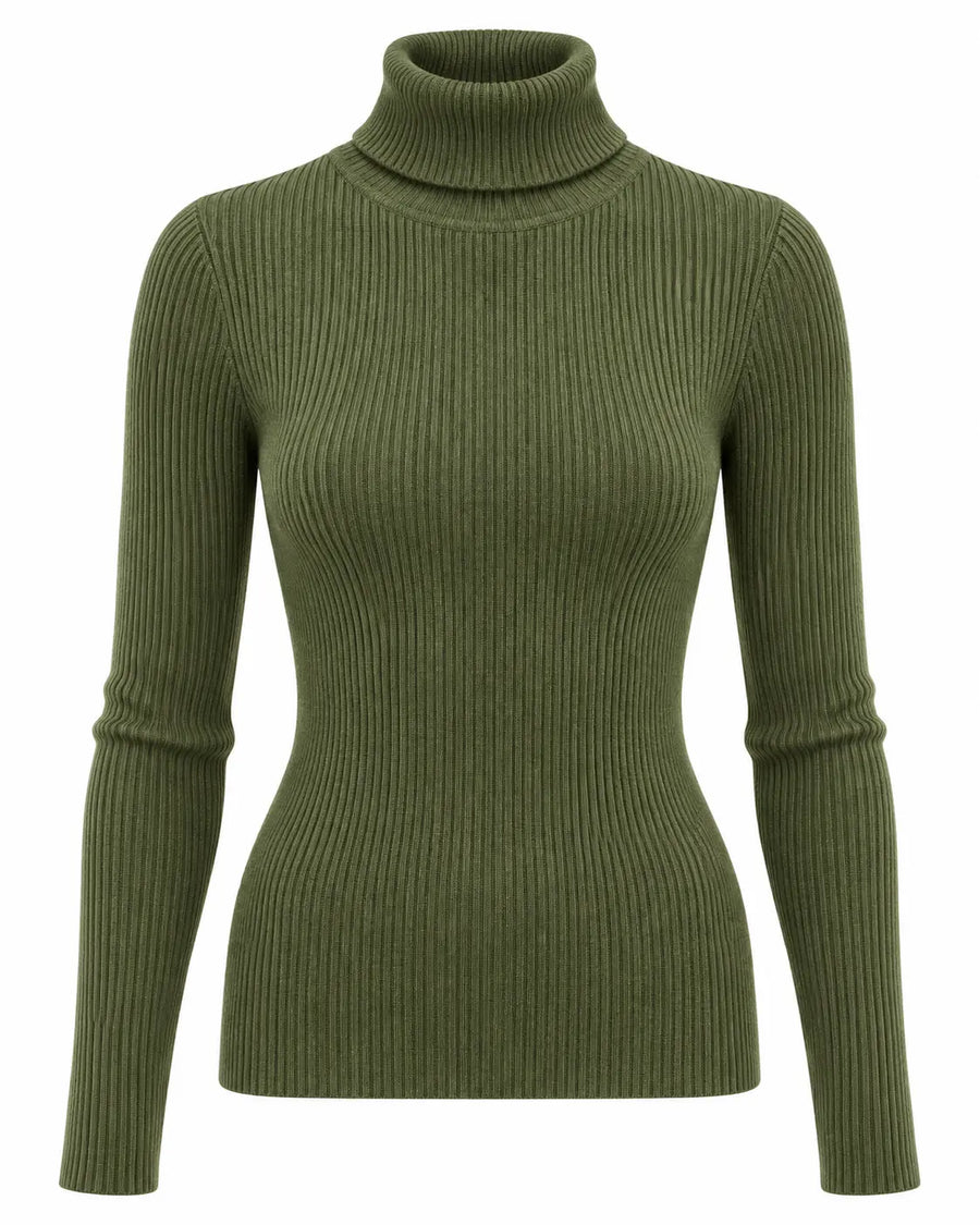 Pull Femme Col Roulé Côtelé Léger Vert