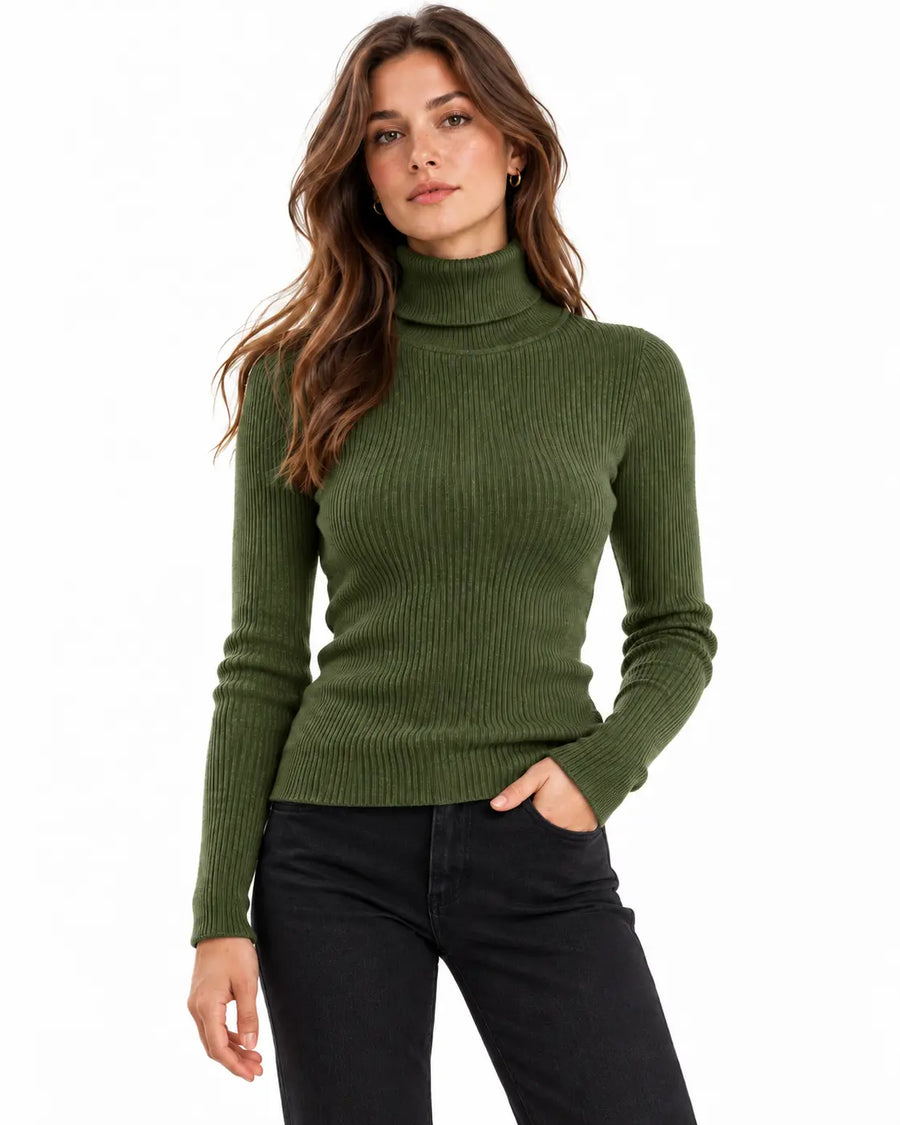 Pull Femme Col Roulé Côtelé Léger Vert porté
