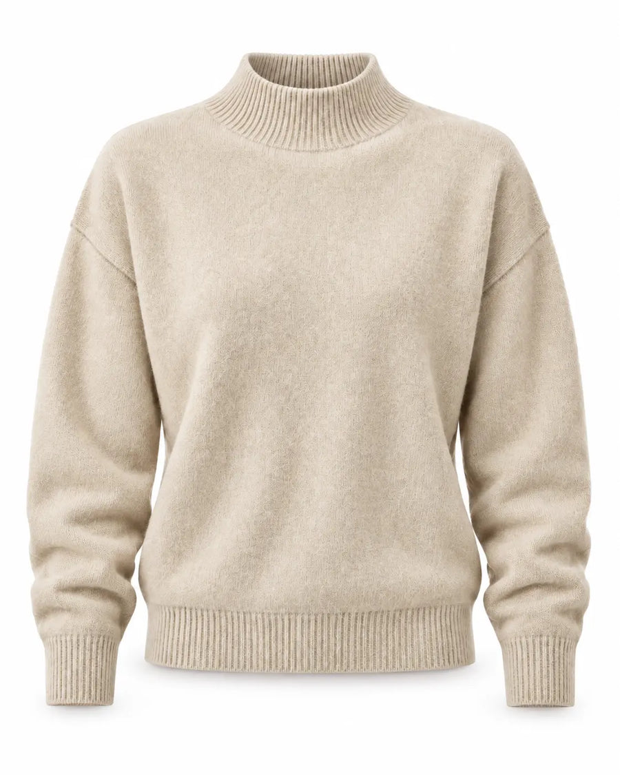 Pull Femme Col Roulé Maille Côtelée Beige