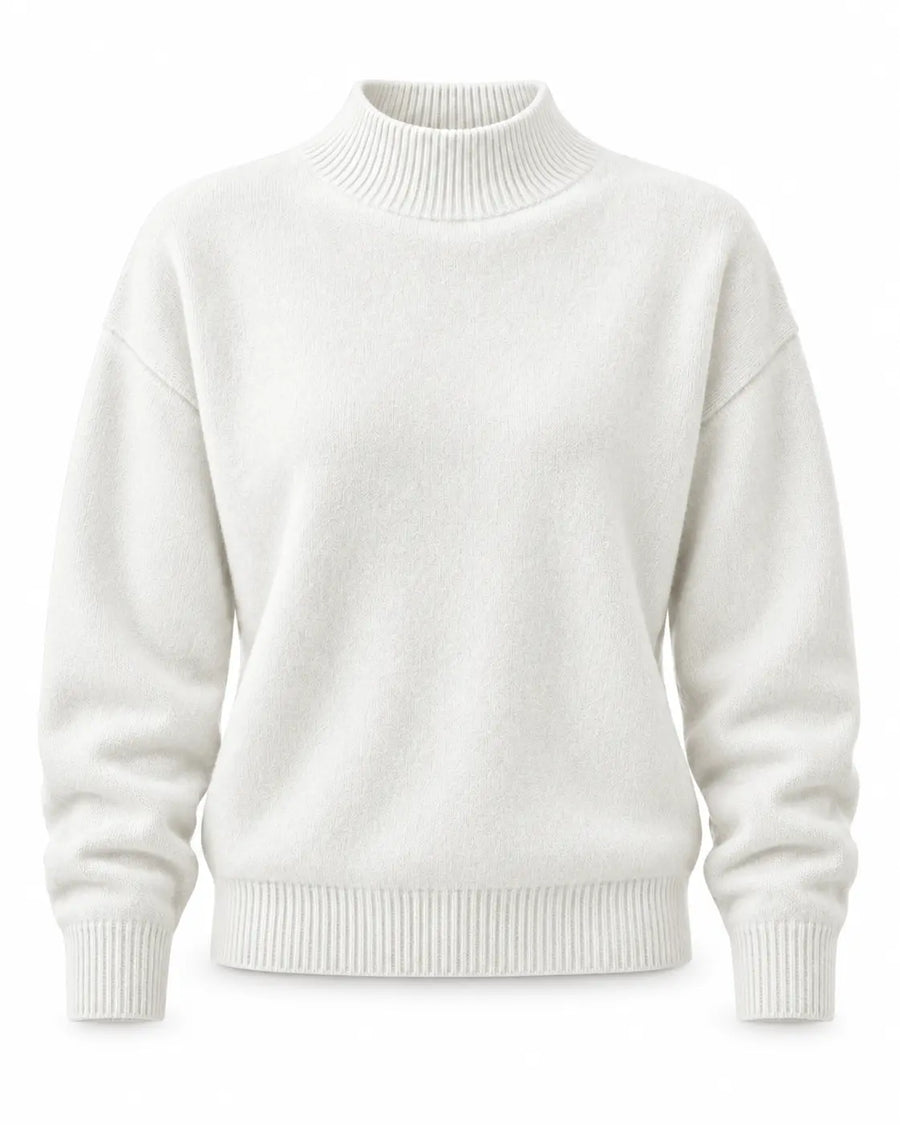 Pull Femme Col Roulé Maille Côtelée Blanc