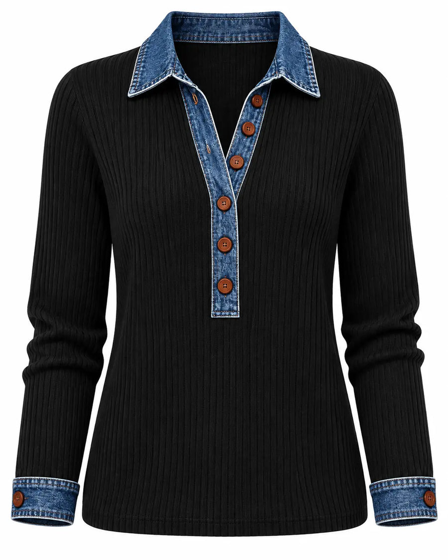 Pull Femme Côtelé Boutonné Noir