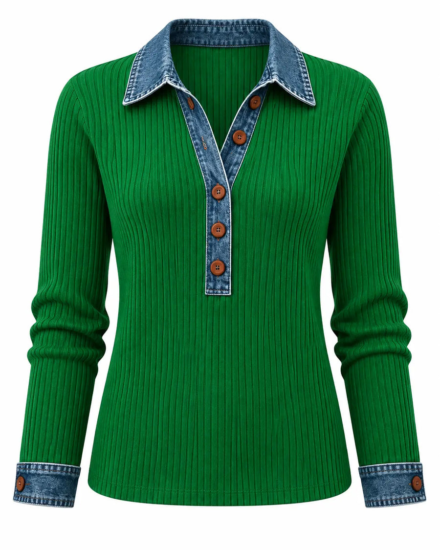 Pull Femme Côtelé Boutonné Vert