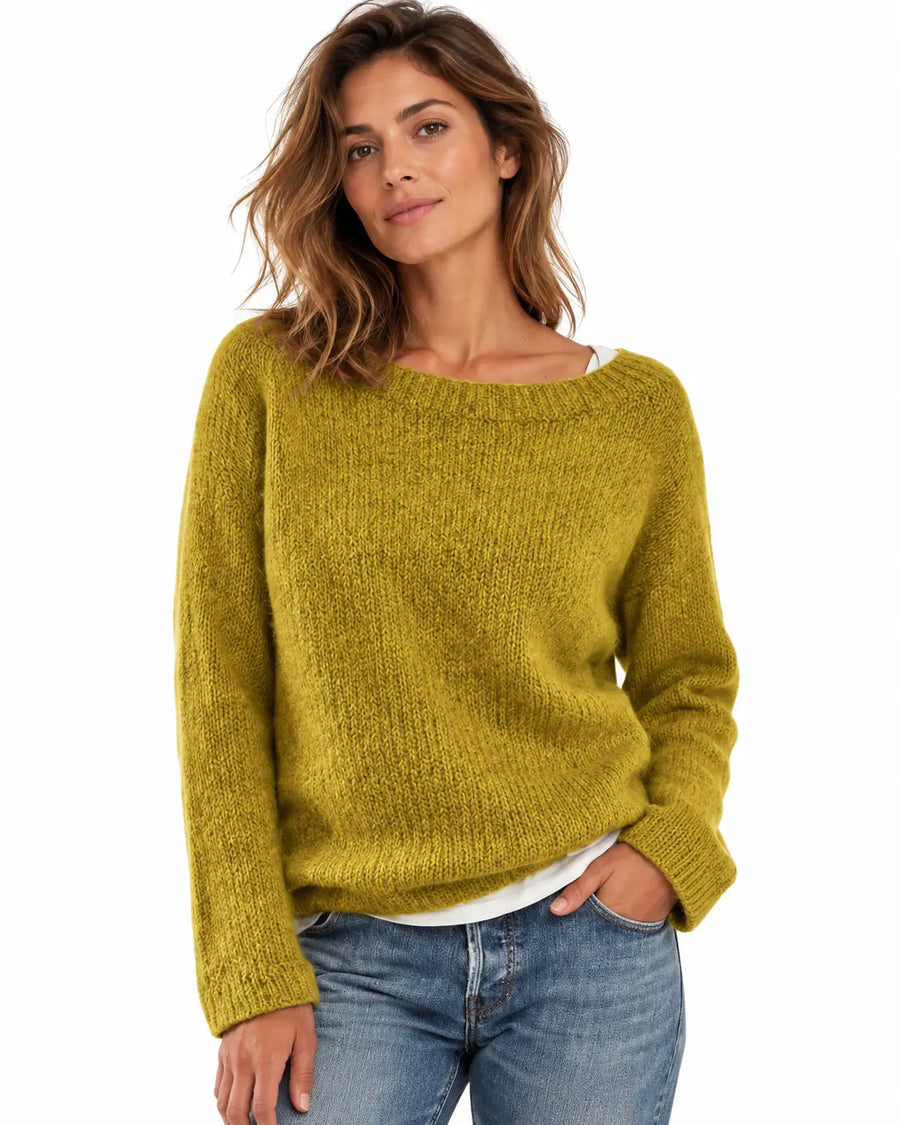Pull Femme Maille Texturée Douce Jaune porté