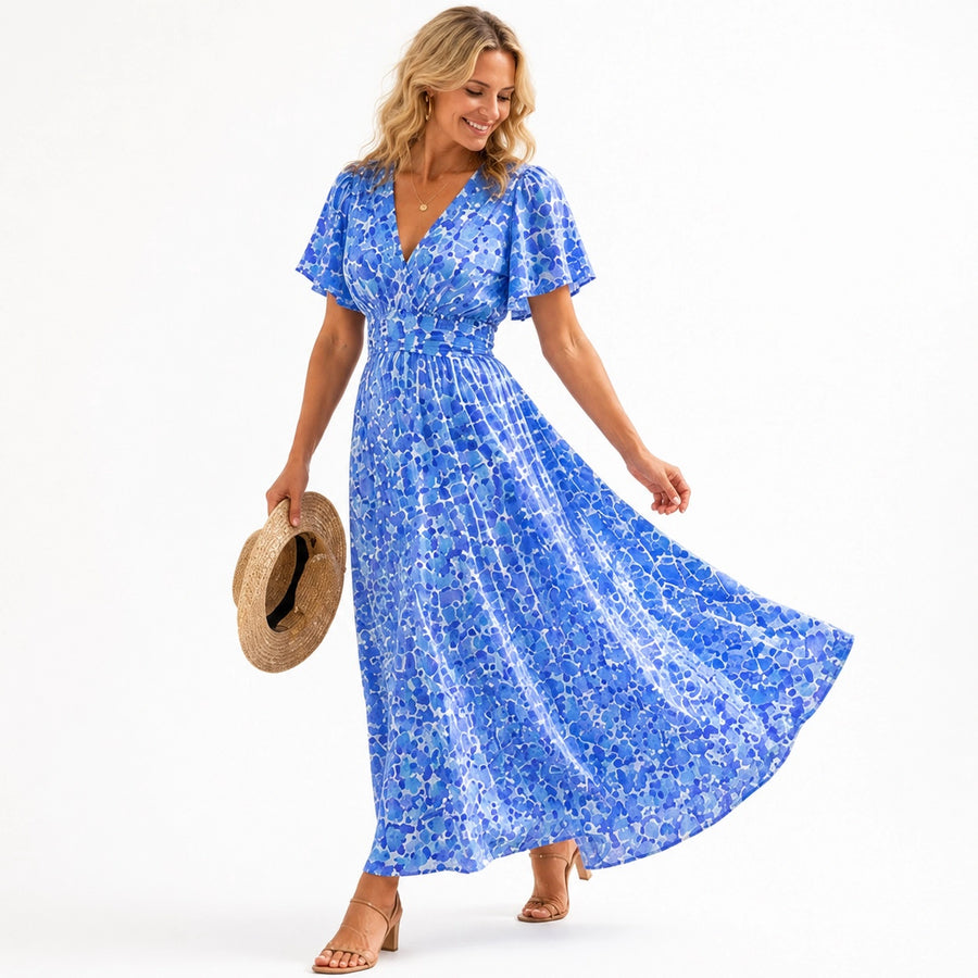 Robe longue fleurie femme col V - couleur bleu vue face