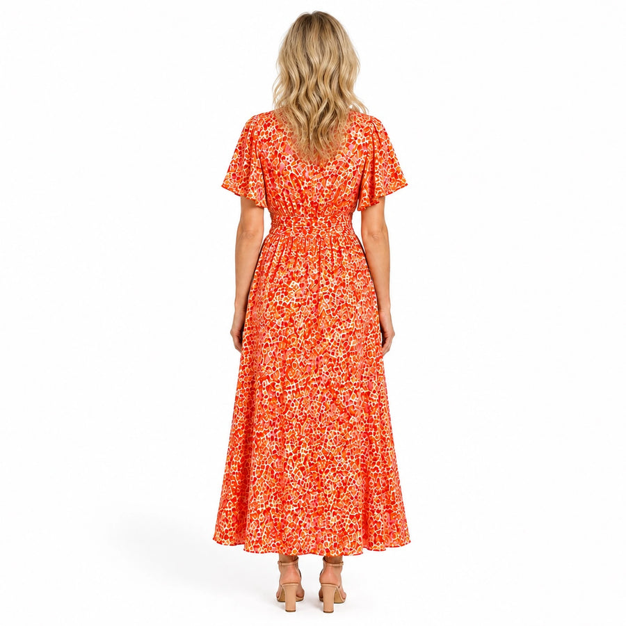 Robe longue fleurie femme col V - couleur verte vue face