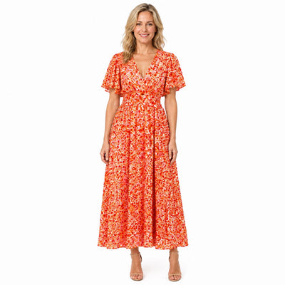 Robe longue fleurie femme col V manches papillon bohème - vue face