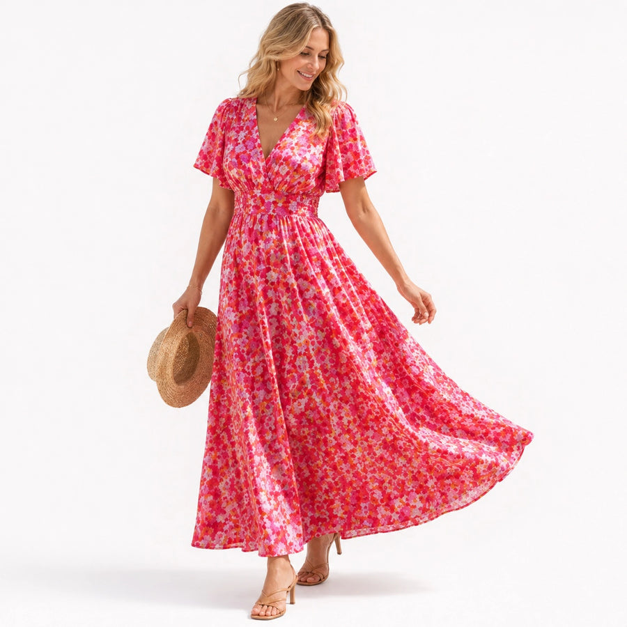 Robe longue fleurie femme col V - vue de dos manches papillon