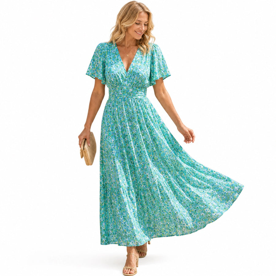 Robe longue fleurie femme col V manches papillon - détail tissu fleuri