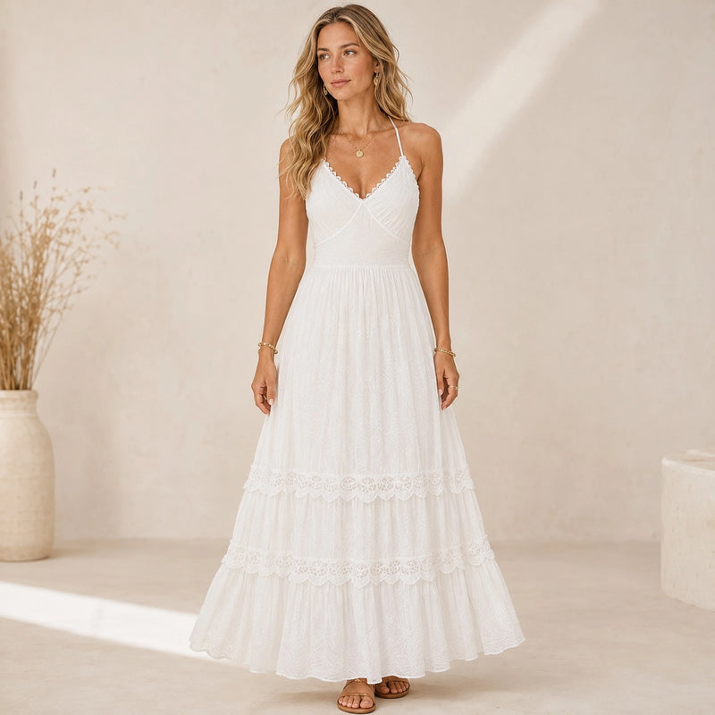 Robe femme blanche bretelles lacets nœud dos casual chic - vue face