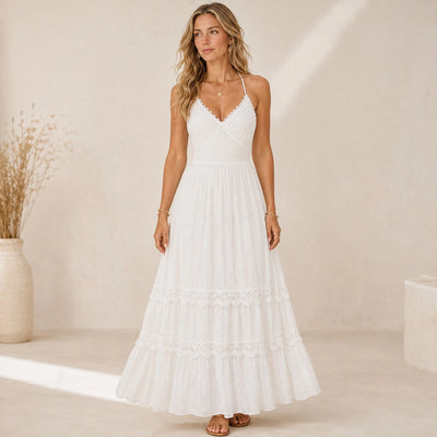 Robe femme blanche bretelles lacets nœud dos casual chic - vue face