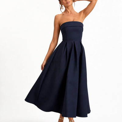 Robe longue bustier femme sans bretelles élégante soirée mariage - vue face bleu foncé