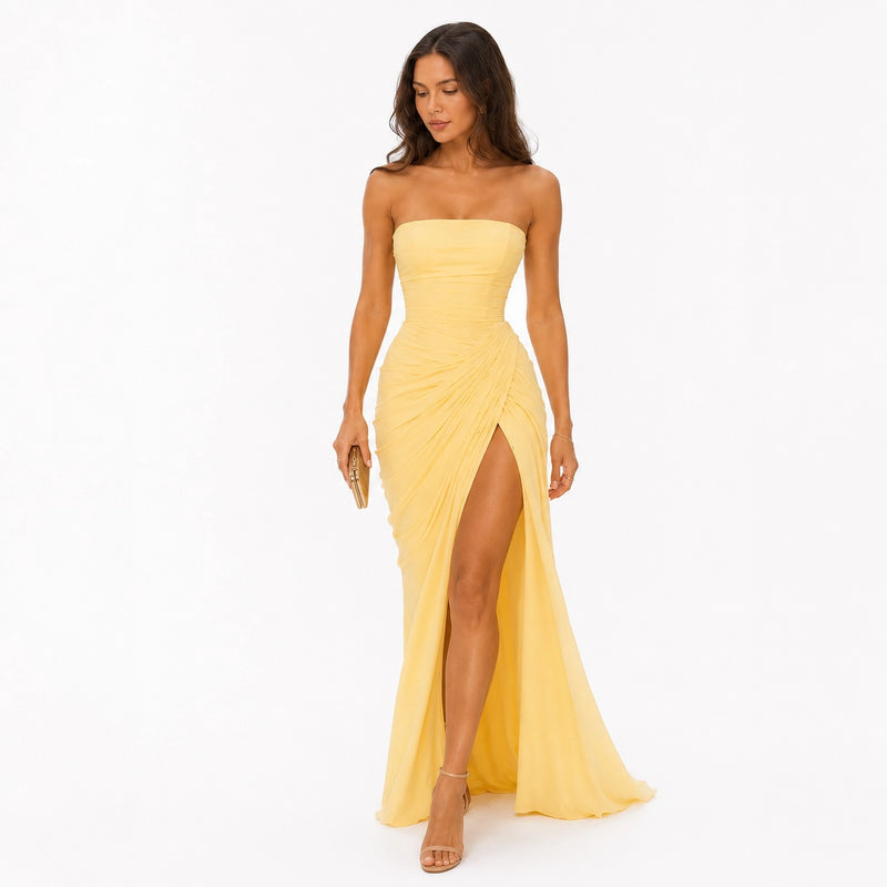 Robe soirée longue bustier femme fente haute drapé dos nu - vue face couleur jaune